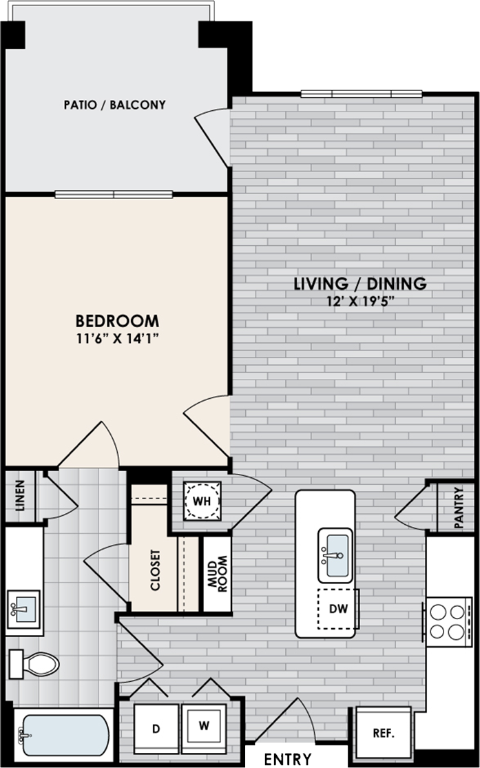 A1 Floor Plan, 1 Bed, 1 Bath, 754 sq. ft.