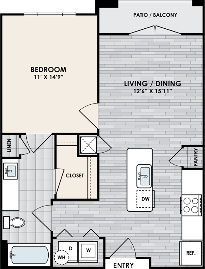 A1 Floor Plan, 1 Bed, 1 Bath, 679 sq. ft.