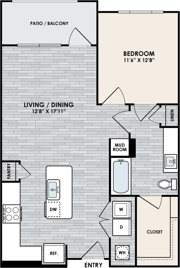 A2.1 Floor Plan, 1 Bed, 1 Bath, 830 sq. ft.