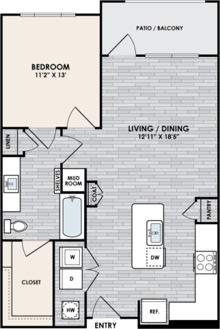 A2.2 Floor Plan, 1 Bed, 1 Bath, 844 sq. ft.