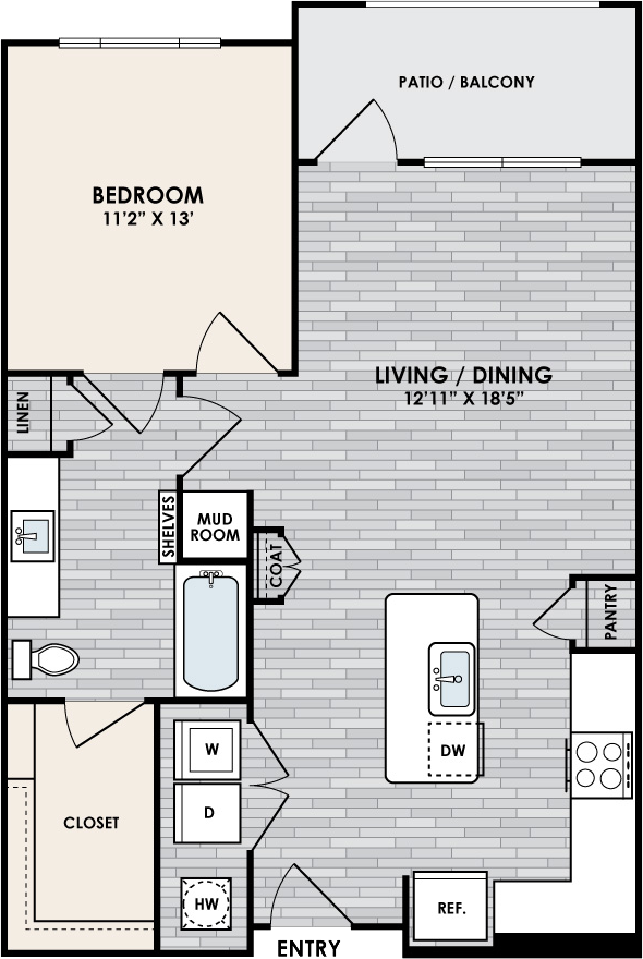 A2.2 Floor Plan, 1 Bed, 1 Bath, 844 sq. ft.