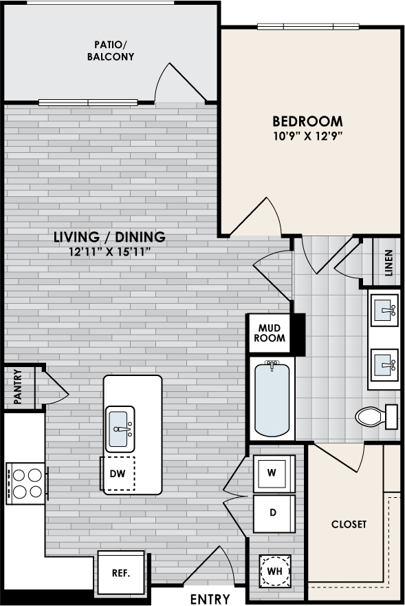A3 Floor Plan, 1 Bed, 1 Bath, 792 sq. ft.