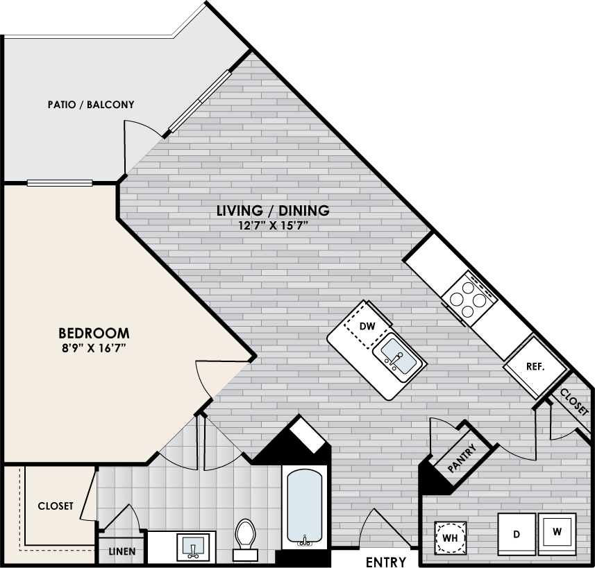 A3 Floor Plan, 1 Bed, 1 Bath, 792 sq. ft.