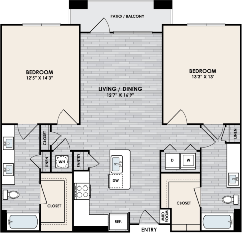 B1.2 Floor Plan, 2 Bed, 2 Bath, 1071 sq. ft.