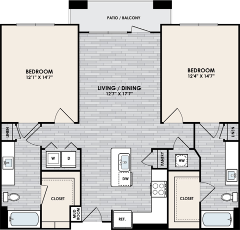 B1.3 Floor Plan, 2 Bed, 2 Bath, 1127 sq. ft.