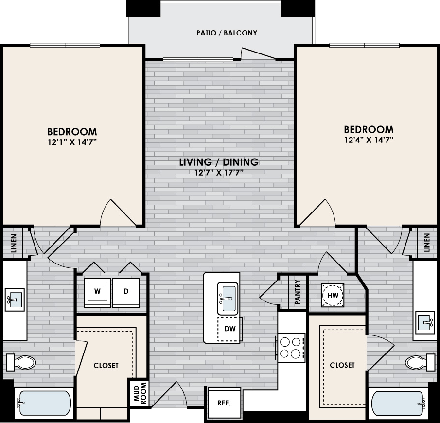 B1.3 Floor Plan, 2 Bed, 2 Bath, 1127 sq. ft.