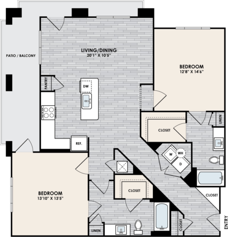 B2 Floor Plan, 2 Bed 2 Bath, 1302 sqft.