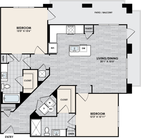 B2 Floor Plan, 2 Bed, 2 Bath, 1243 sq. ft.