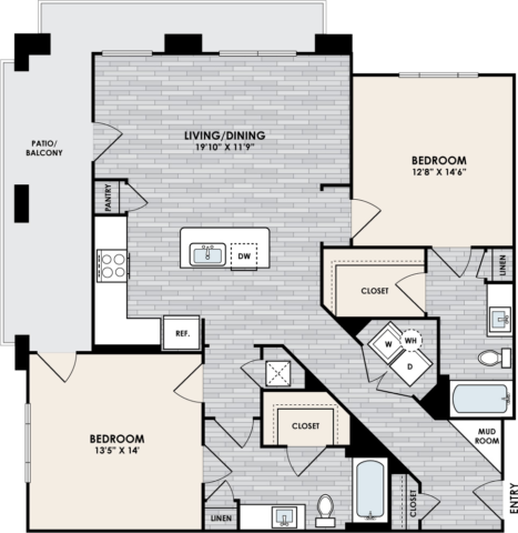 B2.1 Floor Plan, 2 Bed, 2 Bath, 1263 sq. ft.