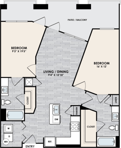 B4 Floor Plan, 2 Bed, 2 Bath, 1025 sq. ft.