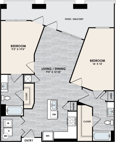 B4 Floor Plan, 2 Bed, 2 Bath, 1025 sq. ft.