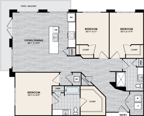 C1 Floor Plan, 3 Bed, 2 Bath, 1534 sq. ft.