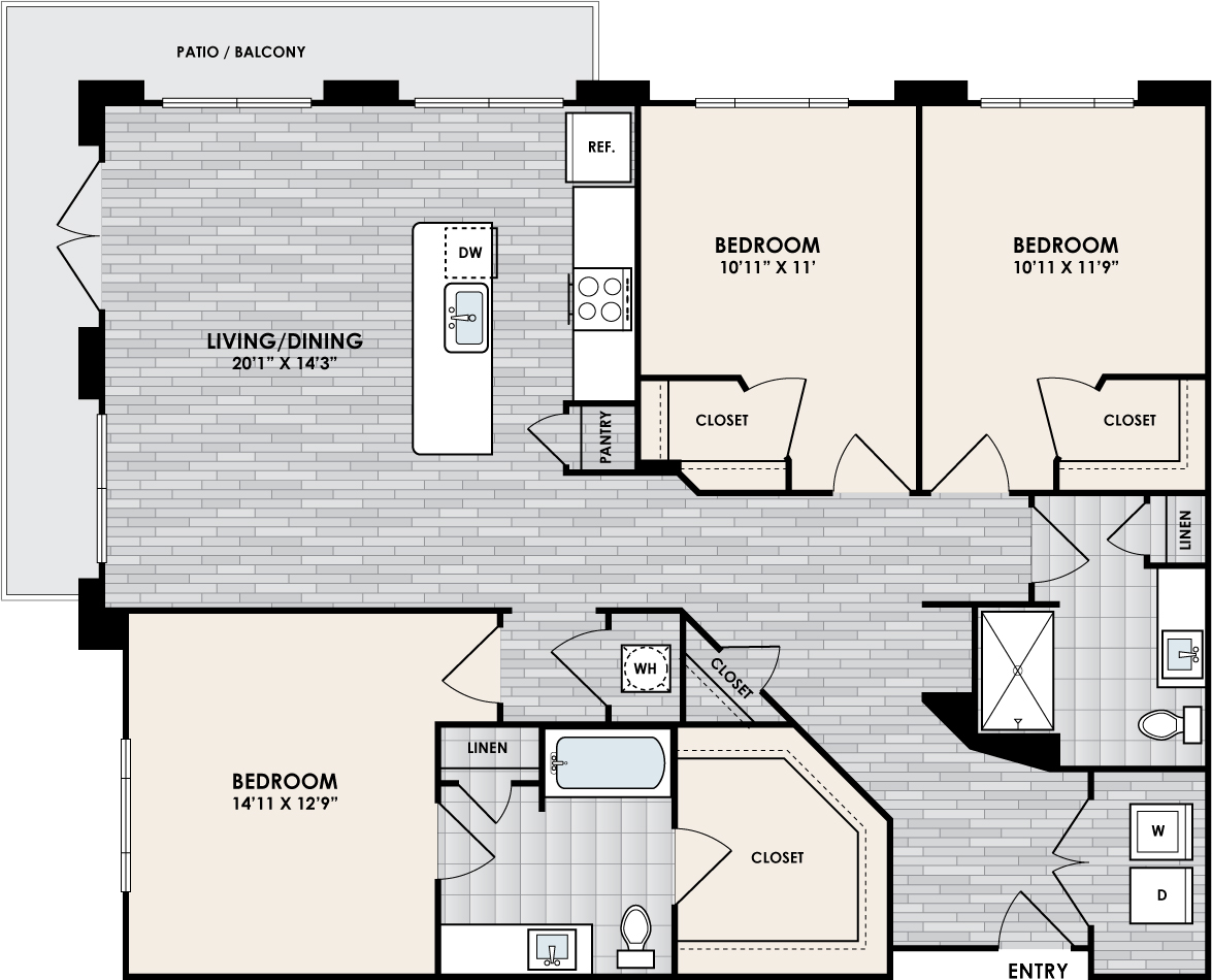 C1 Floor Plan, 3 Bed, 2 Bath, 1534 sq. ft.