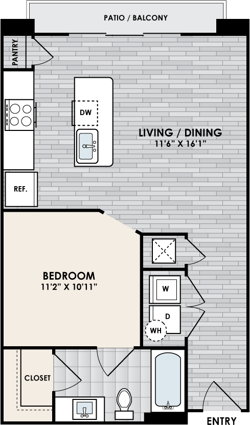 E2 Floor Plan, 1 Bed, 1 Bath, 625 sq. ft.