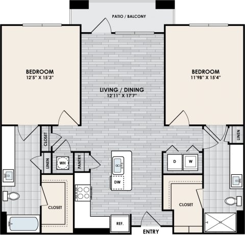 B2C Floor Plan, 2 Bed, 2 Bath, 1164 sq. ft.