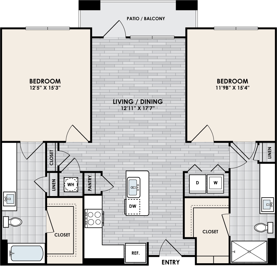 B2C Floor Plan, 2 Bed, 2 Bath, 1164 sq. ft.