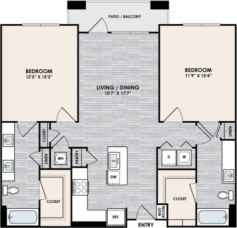 B2D Floor Plan, 2 Bed, 2 Bath, 1169 sq. ft.